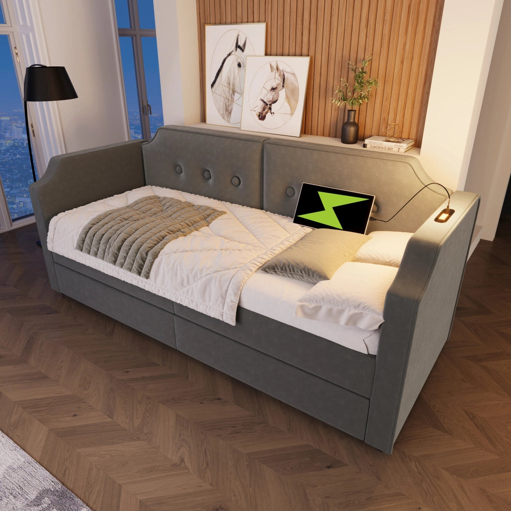 Letto imbottito 90x200 cm in velluto grigio con 2 cassetti, USB Type-C, lampada da lettura e rete a doghe