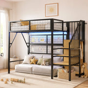 Letto a soppalco in metallo 90x200 cm con LED App; scala con contenitore; nero