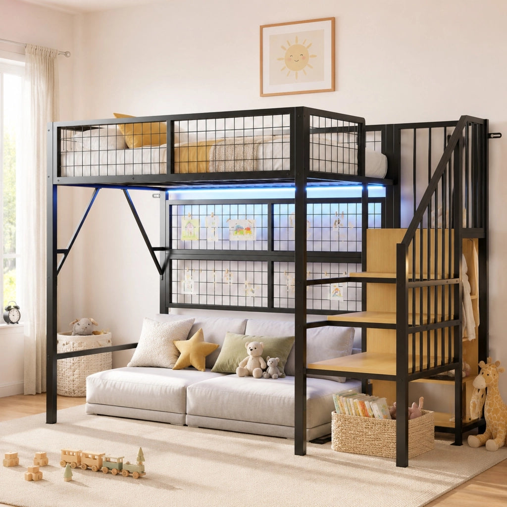 Letto a soppalco in metallo 90x200 cm con LED App; scala con contenitore; nero