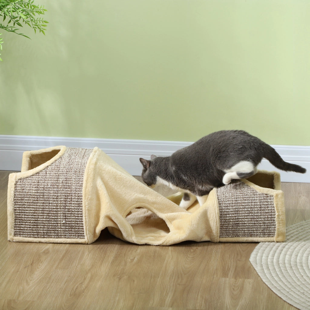 Tunnel per Gatti con 2 Nicchie in Sisal ¨C zephmum ¨C Beige 107x38x29 cm