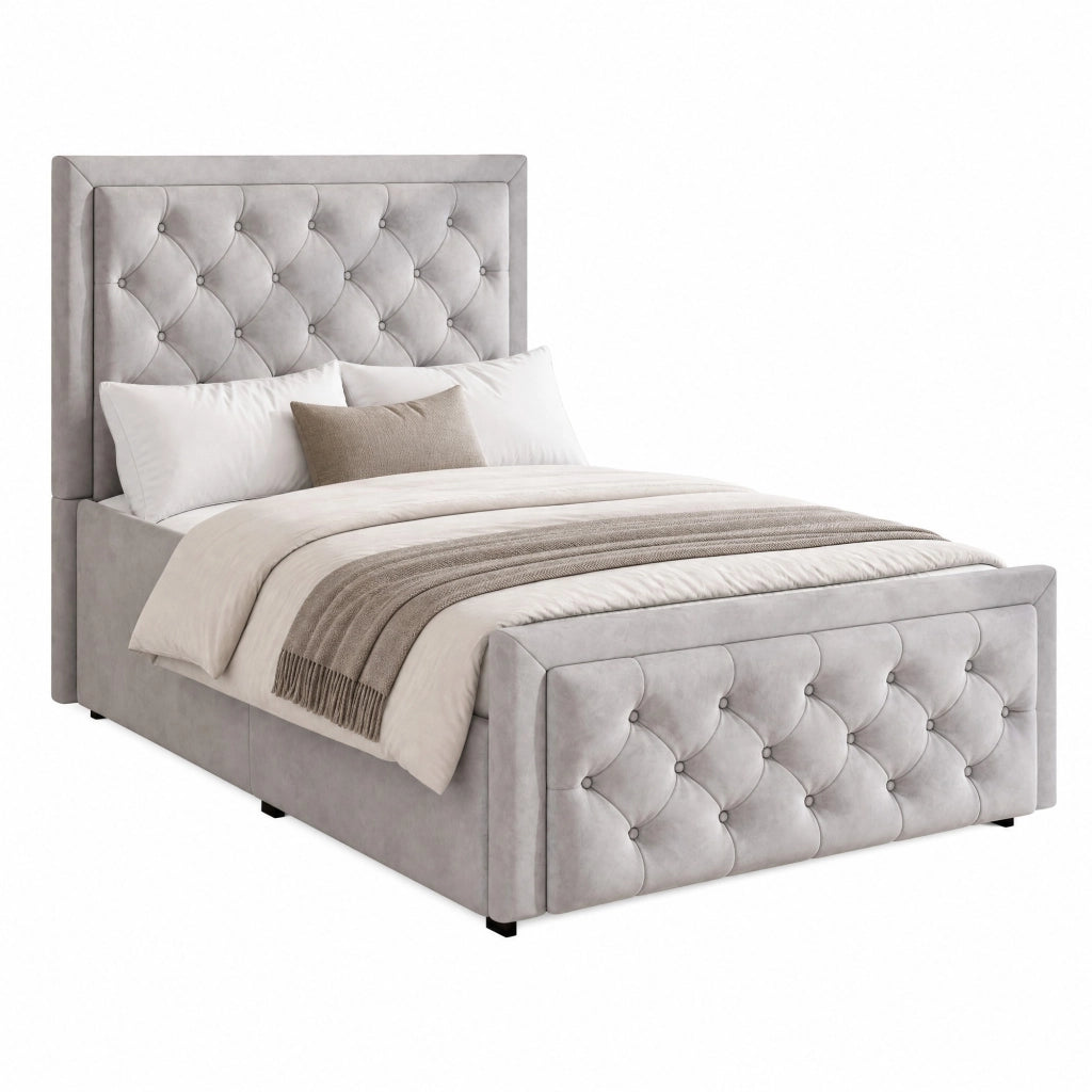 Letto per bambini imbottito 90x200 cm in velluto grigio con contenitore, rete a doghe e testiera trapuntata
