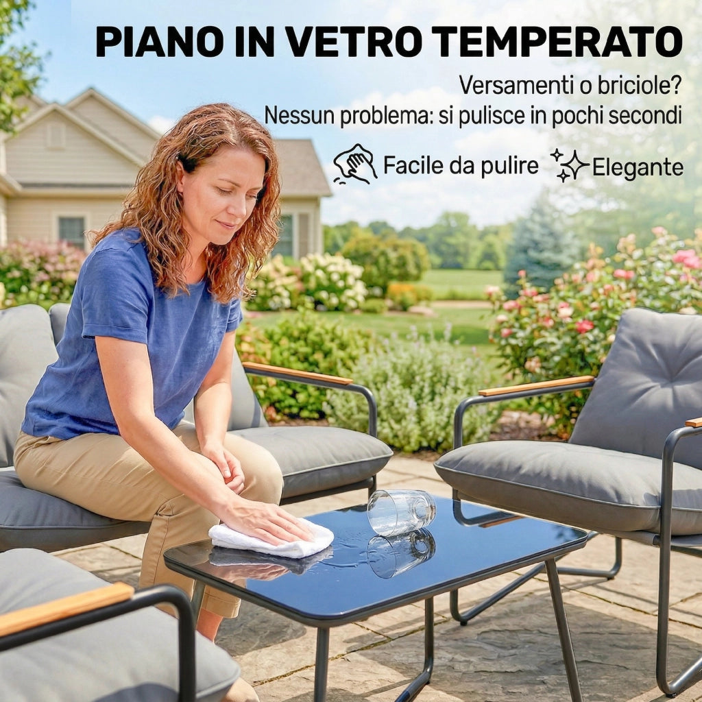 Salotto da Giardino 4 Posti con Divanetto 2 Posti e 2 Poltrone con Cuscini, Grigio Chiaro