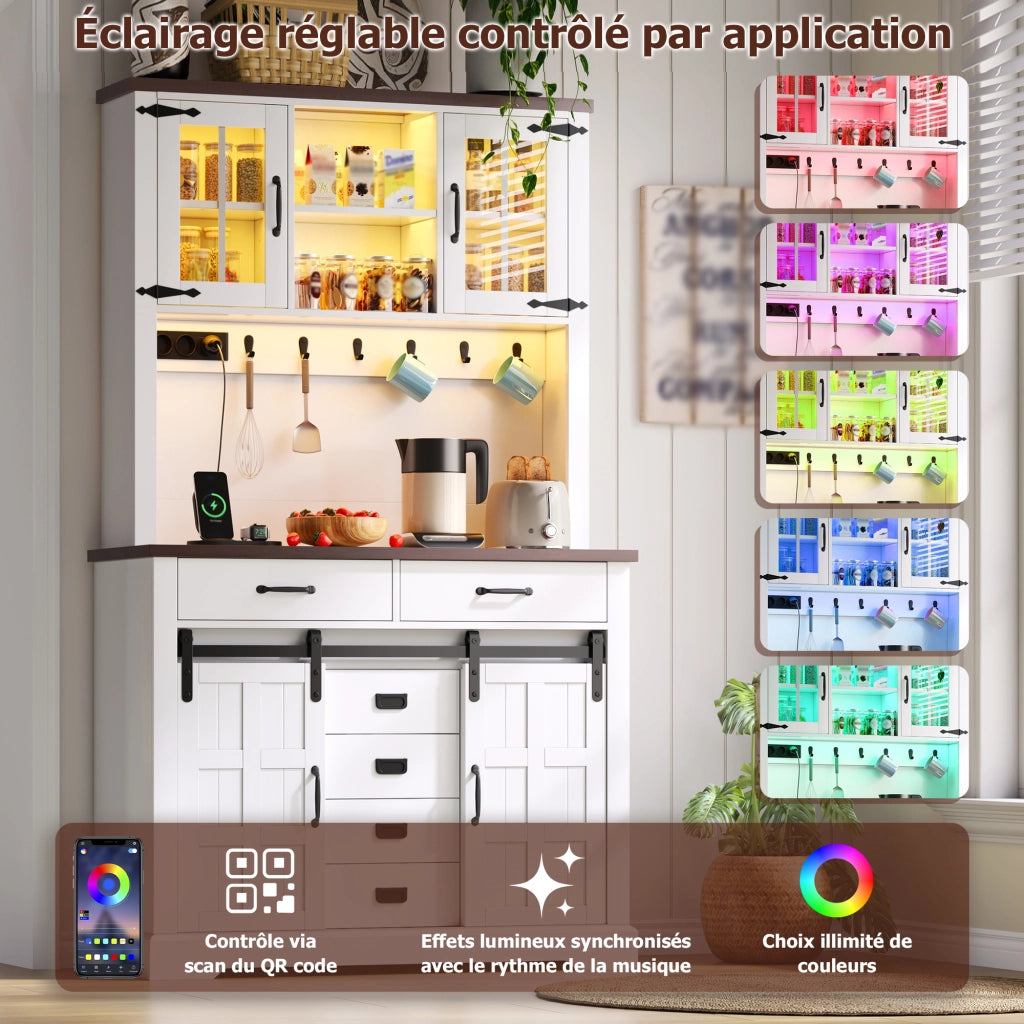 Credenza da cucina con LED; 6 cassetti; ante in vetro e prese; per cucina; bianco; 180 × 108 × 40 cm