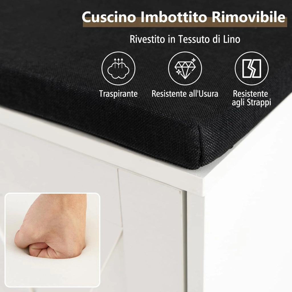 Panca Scarpiera da Ingresso, Scarpiera con Seduta Imbottito, 9 Scomparti e Armadio con Ante, Panca Contenitore con Ripiani Regolabili, per Camera da Letto Corridoio, 110,5x30x49 cm (Bianco)