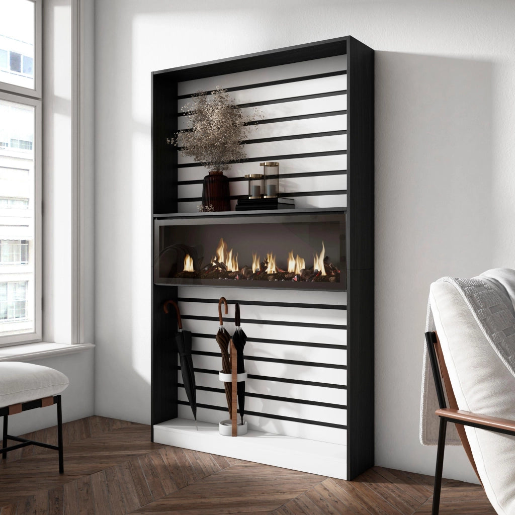Libreria scaffale, 110x25x186cm, Soggiorno, Ufficio, Camino elettrico, Bianco e nero RF2328