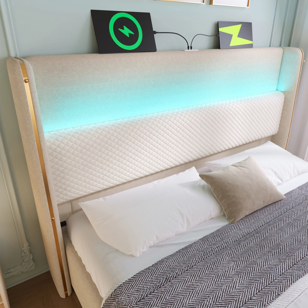 Letto matrimoniale 160x200 cm con testiera alta; contenitore idraulico; LED; USB e Type-C; beige in lino
