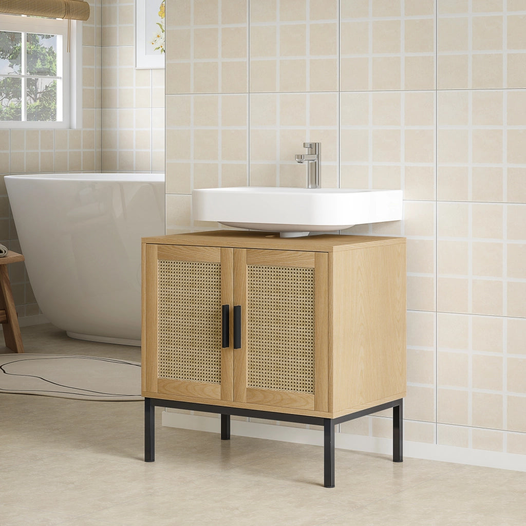 Mobiletto da bagno in stile boho con elementi in rattan ¨C zephmum ¨C bianco 60x30x50