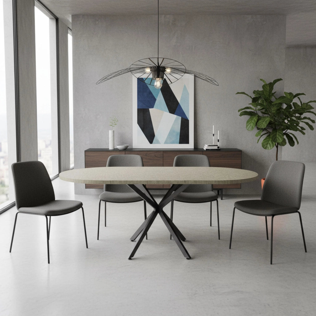 Marui Big - Tavolo da pranzo ovale 180x100 cm in Legno Testurizzato con Piede Centrale in metallo Kiso
