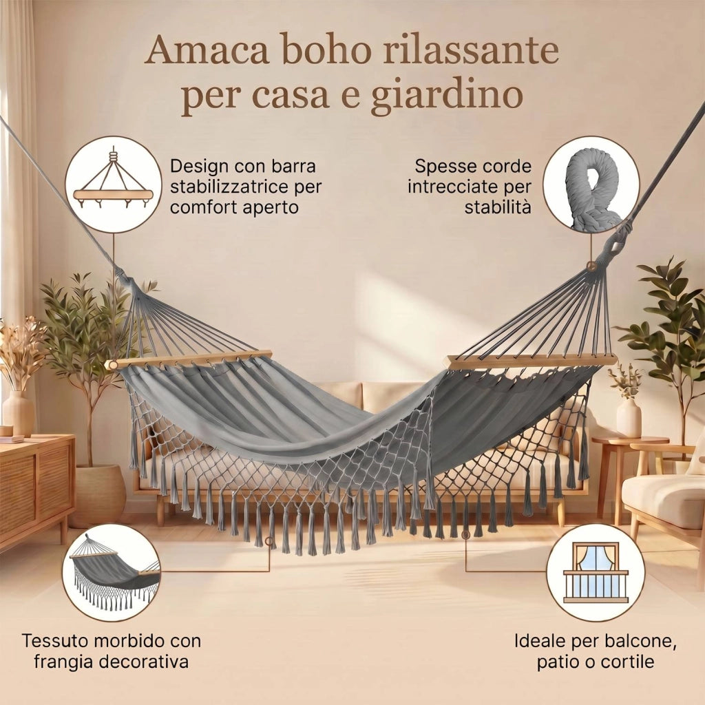 Marvin Amaca da Giardino Indonesia, Letto Dondolo da Esterno Campeggio, Barre di Legno, in Cotone Tessuto GRIGIO 200x150