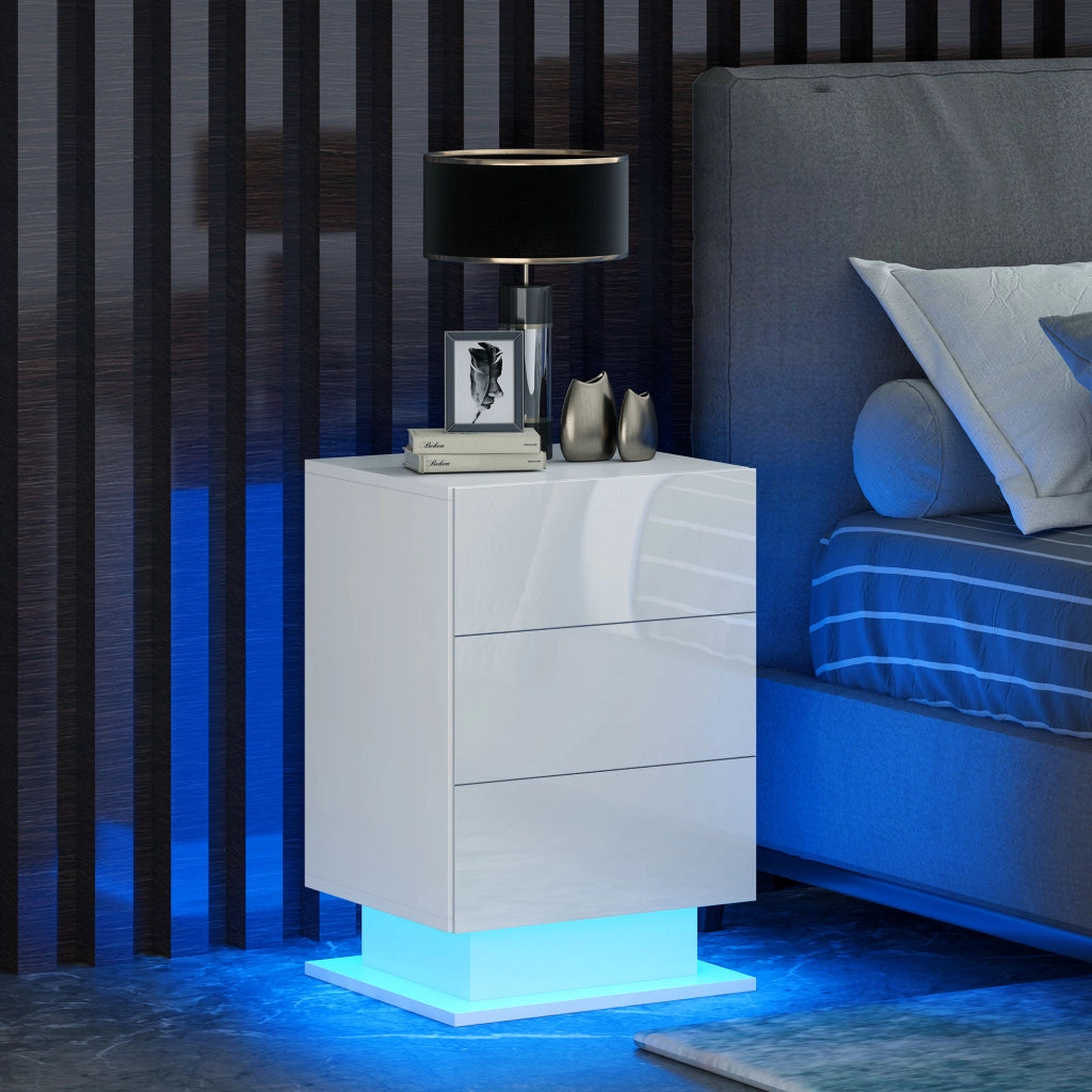 Comodino Moderno con Luce LED e 3 Cassetti ¨C Zephmum ¨C Bianco Lucido 40x35x60 cm
