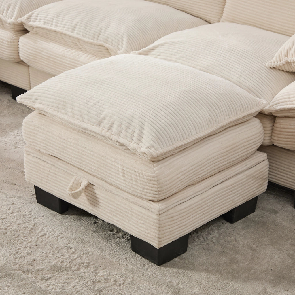 Divano 2 posti in corduroy beige con pouf contenitore, USB-C e tasche laterali