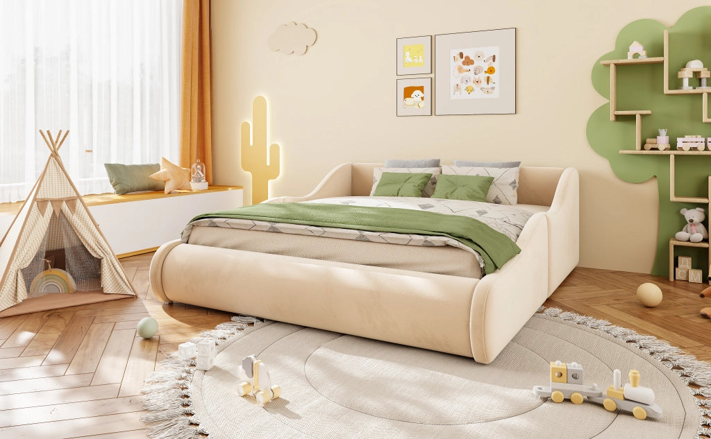 Letto imbottito per bambini con testiera alta e sponde, 140x200 cm, velluto beige
