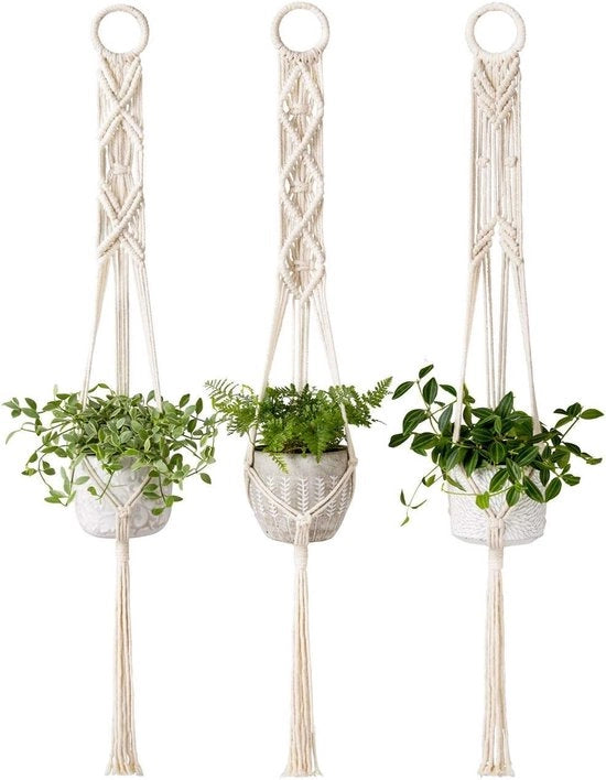 Set di sostegno per piante da 3 - Decorazione per interni a macramé - Cestello per piante e vaso per fiori - Decorazione per la casa boho - 99 cm