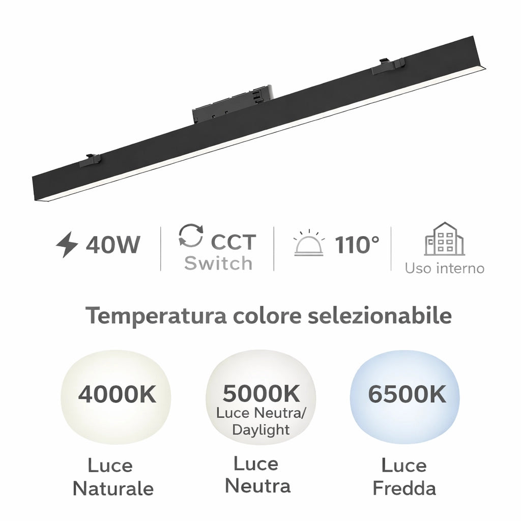 Barra LED Nera Lineare per Binario Trifase 40W CCT Switch 110° Luce Professionale per Negozi e Showroom