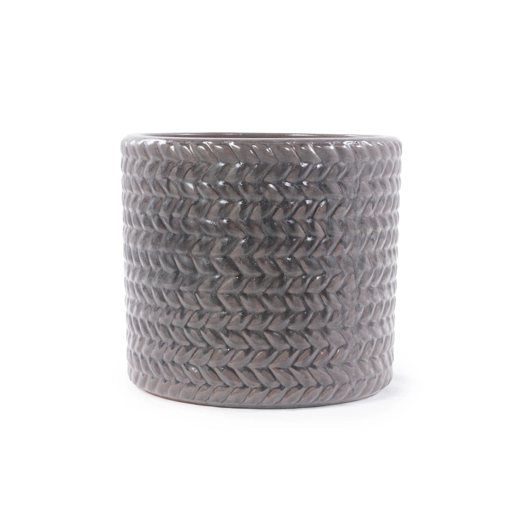 Vaso in ceramica grigio lucido Ø31 cm con rilievo a spina di pesce e foro di drenaggio