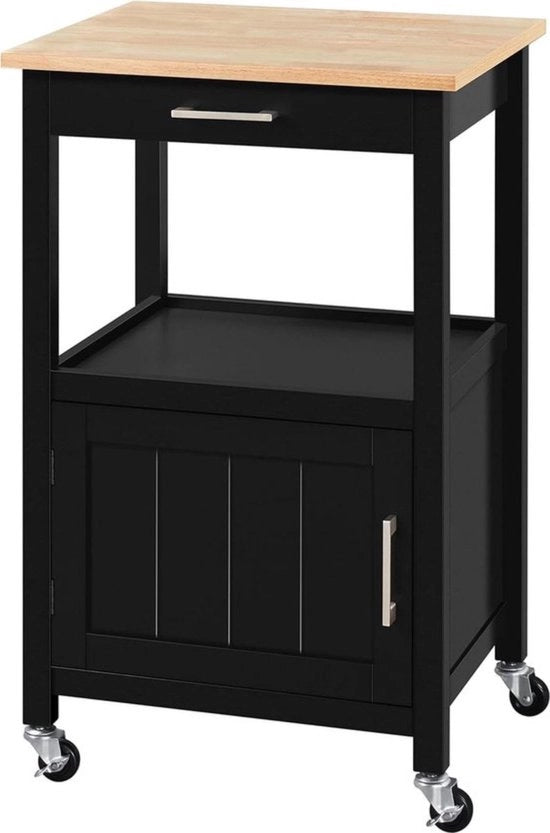 Trolley da Cucina a Ruote - Con Cassetta, Carrello e Lavorazione in Legno - Nero