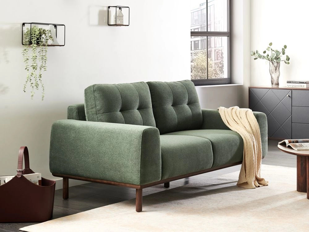 Divano a 2 posti in tessuto Verde Soggiorno in stile moderno Gambe in legno scuro