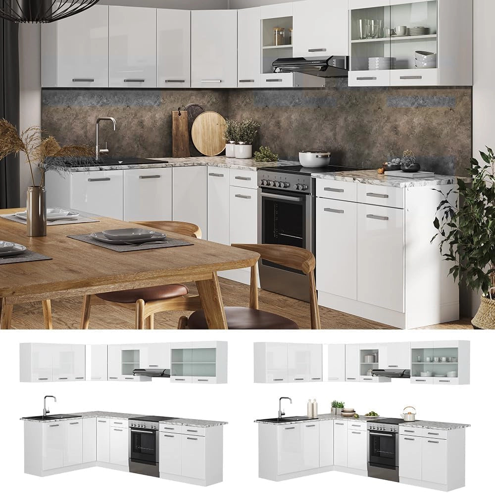 Cucina ad angolo Rick, Bianco lucido/bianco, 270 x 60 cm, PL Marmo, con moduli combinabili in modo variabile e piedi regolabili in altezza