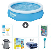 Piscina Opblaasbare Rond Fast Set - 305 x 76 cm - Blu - Inclusa Pomp Kit Manutenzione - Ombrello Solare - Termometro - 7 pezzi
