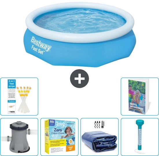 Piscina Opblaasbare Rond Fast Set - 305 x 76 cm - Blu - Inclusa Pomp Kit Manutenzione - Ombrello Solare - Termometro - 7 pezzi