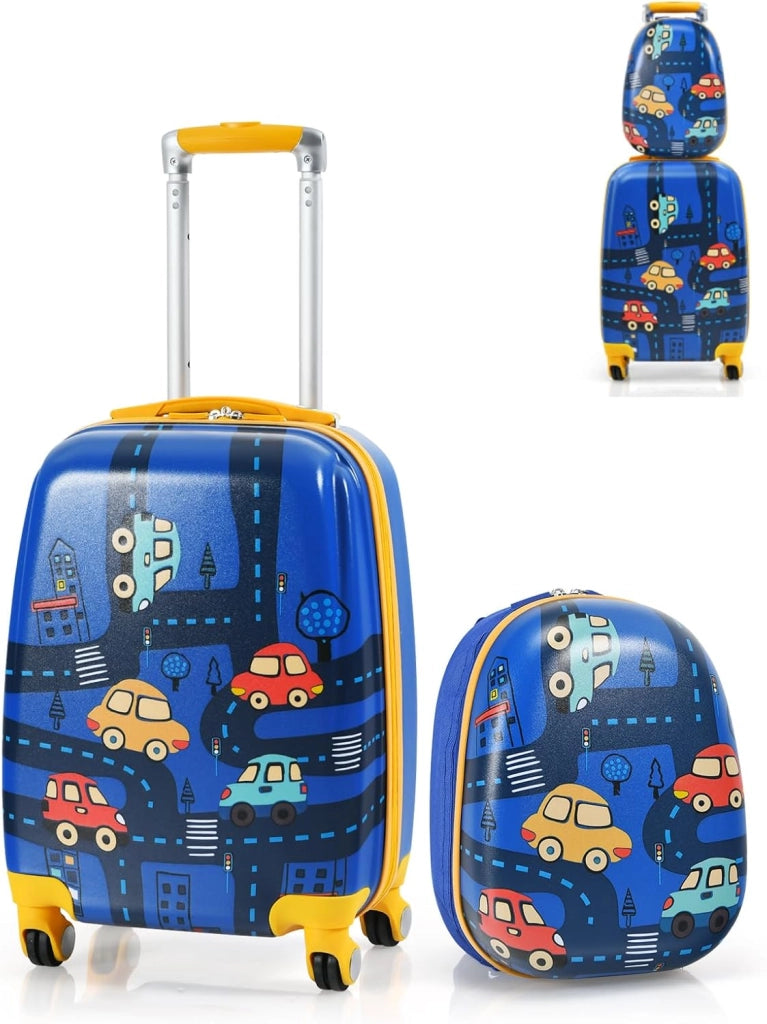 Set di Valigia 18’’ + Zaino 12’’ per Bambini 2 Pezzi, Bagagli 2-in-1 con Zainetto da Viaggio Aereo, Trolley con Maniglia Telescopica e 4 Ruote a 360° (Rosa Sirena)
