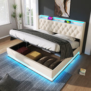 DESMIU Lit coffre 180 × 200 cm 2 places avec LED 360°, USB et Type-C, sans matelas, en PU, blanco