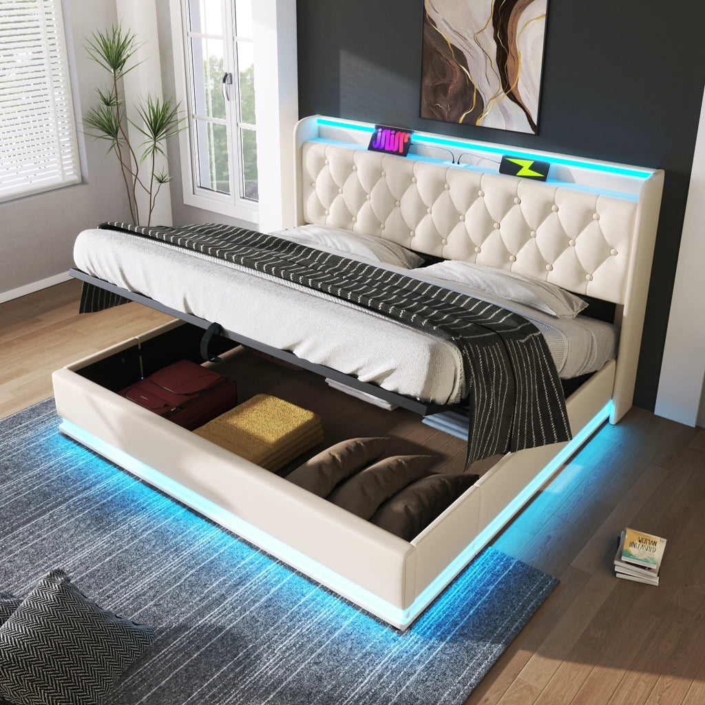 DESMIU Lit coffre 180 × 200 cm 2 places avec LED 360°, USB et Type-C, sans matelas, en PU, blanco
