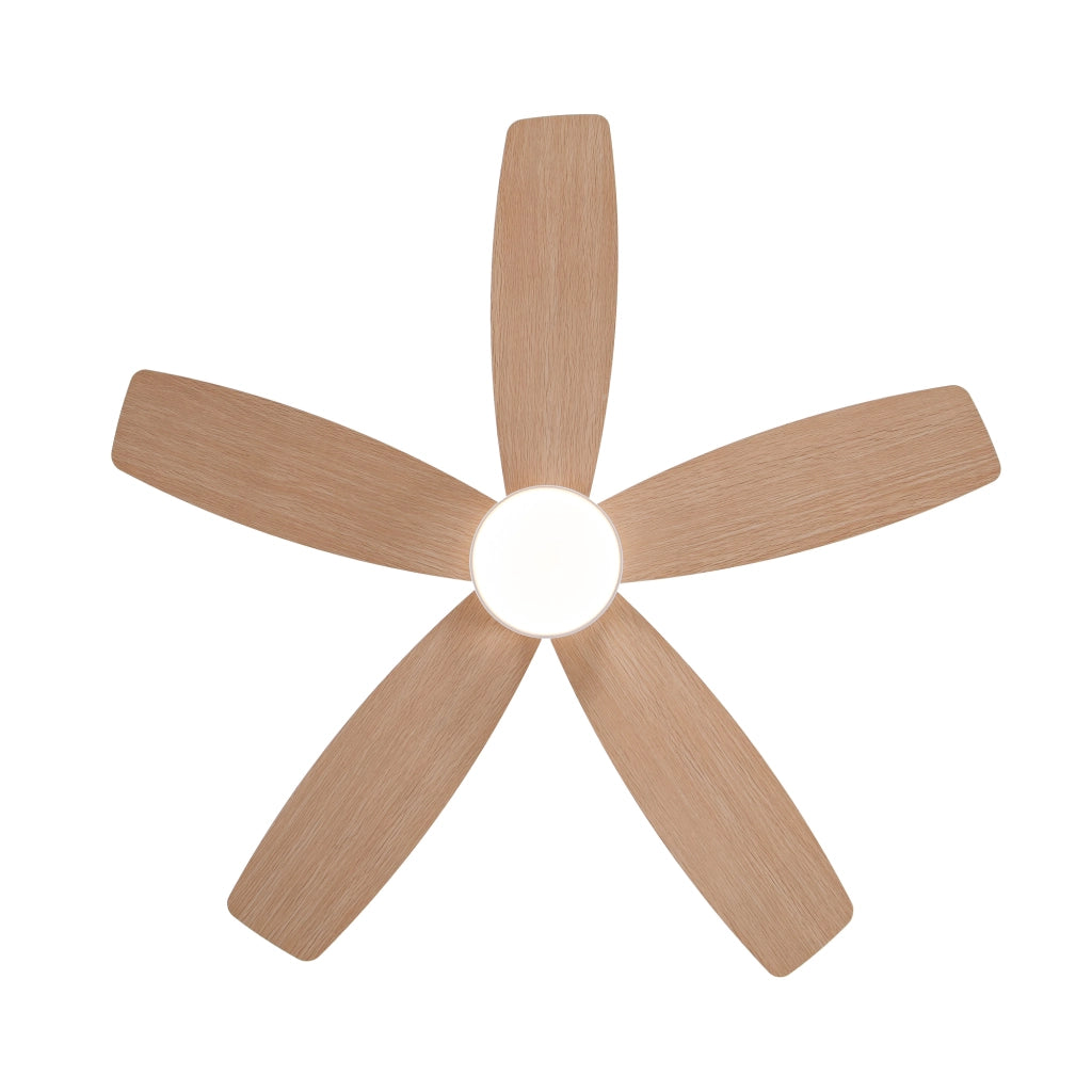 Ventilatore da soffitto con luce LED; 5 pale in legno composito; telecomando e finitura bianca e naturale