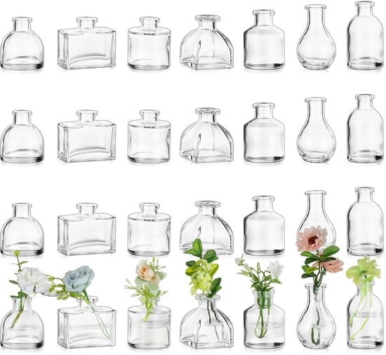 Set di Vasi in Vetro Mini - 28 pezzi - Ideale per la Decorazione di Tavola - Stilizzati per Fiori - Adatto per Matrimoni e Camere da Pranzo