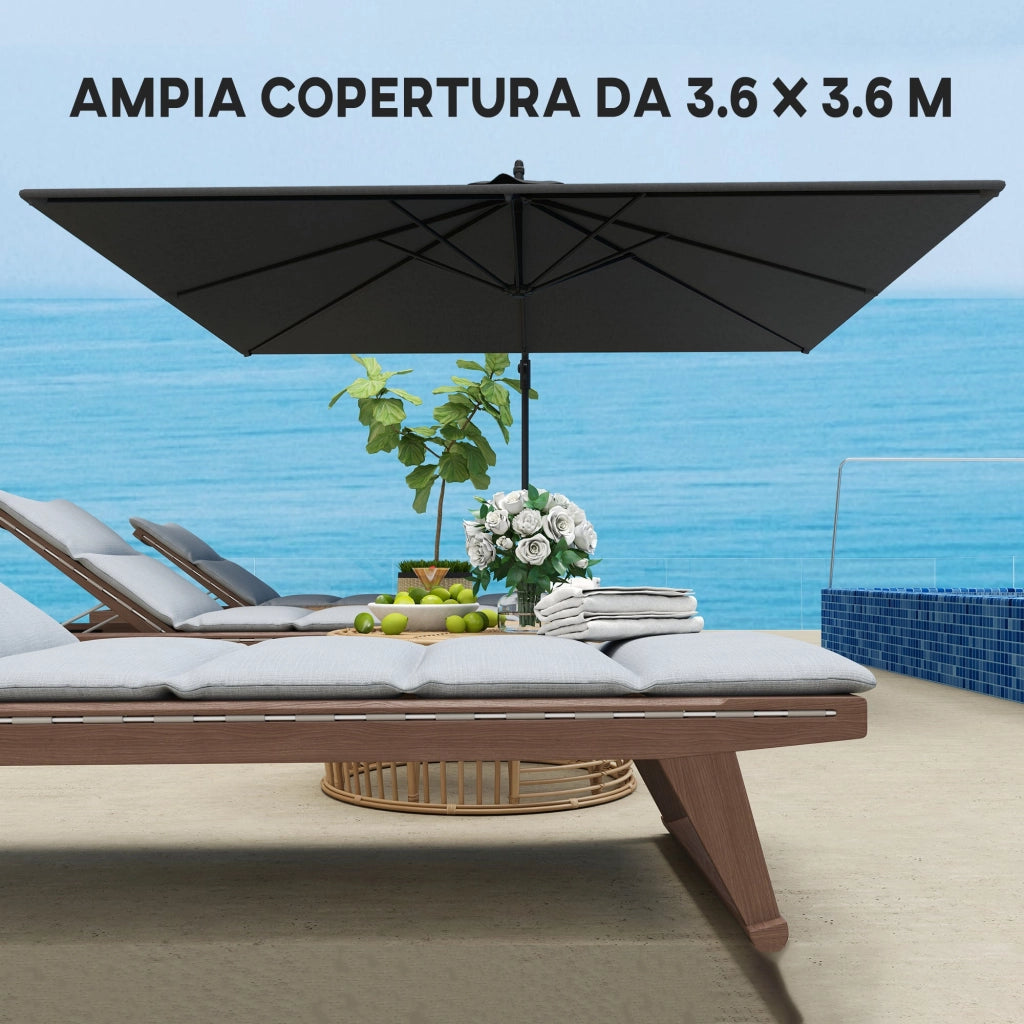 Ombrellone da Giardino a Braccio 355x390x250H cm Girevole a 360° e Inclinabile Grigio
