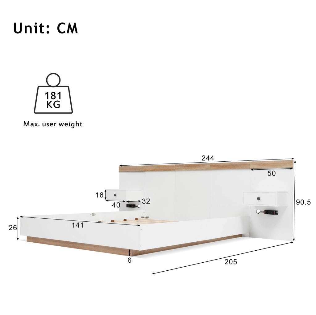 Letto matrimoniale 140x200 cm con 2 comodini LED; prese USB e USB-C; bianco e rovere sonoma