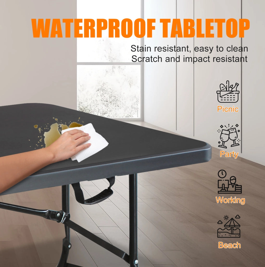Tavolo pieghevole portatile 180 cm con maniglia; plastica e ferro; nero
