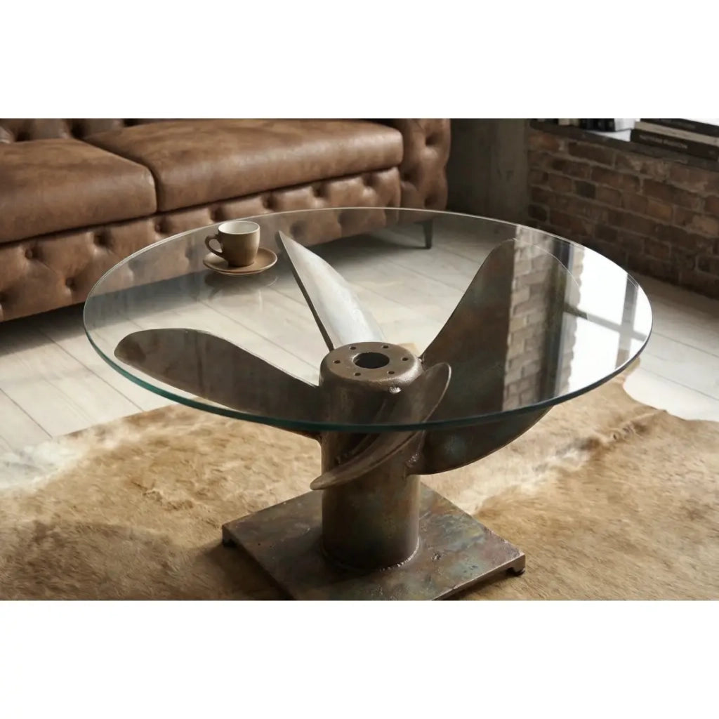Tavolino ALUMIA rotondo 60 cm in vetro temperato e alluminio finitura rame – design industriale elica