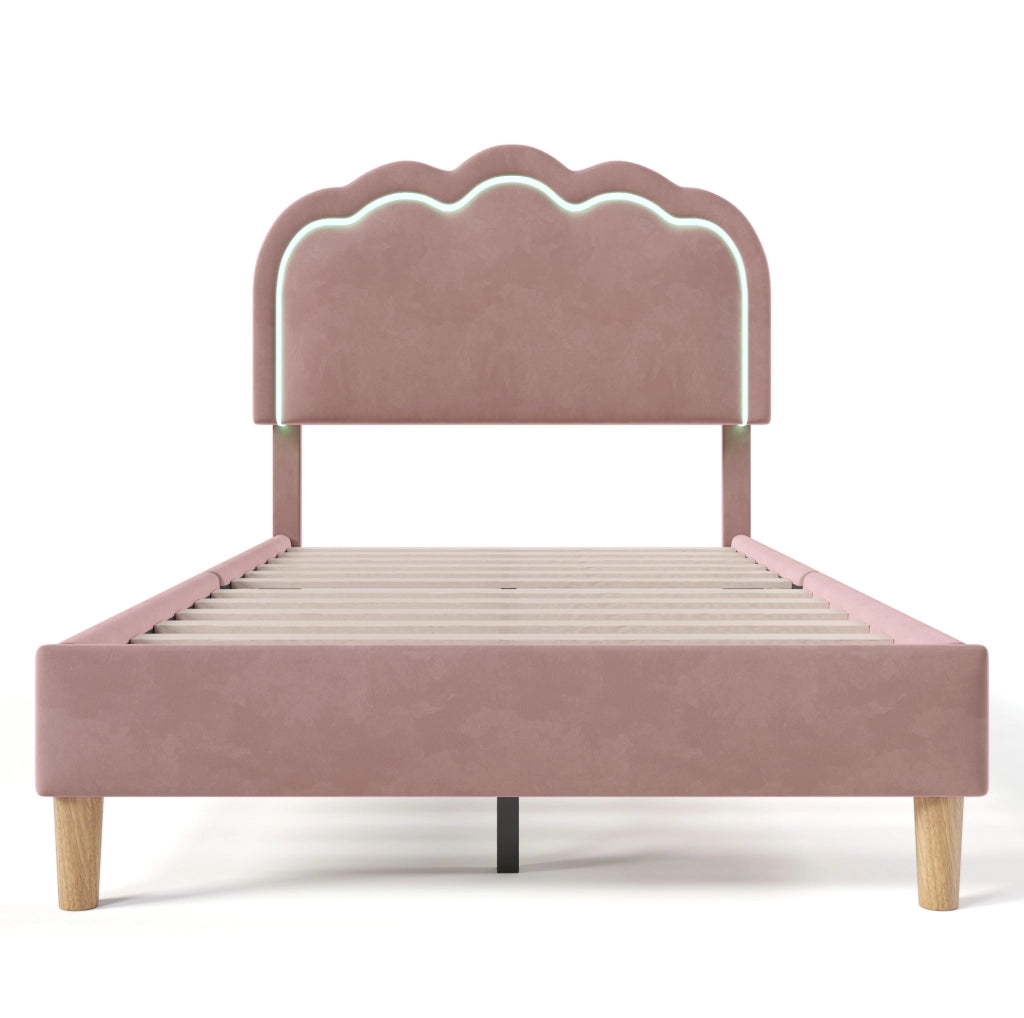 Letto singolo ULEVR 90x190 cm in velluto rosa con testiera regolabile e LED multicolore