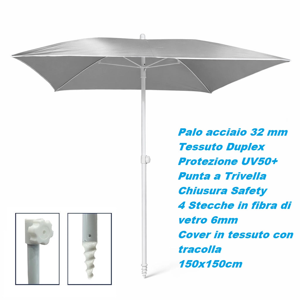 Ombrellone Mare 150x150 Antivento UV50+ Snodo 45° Palo 32 Stecche Fibra Vetro Grigio