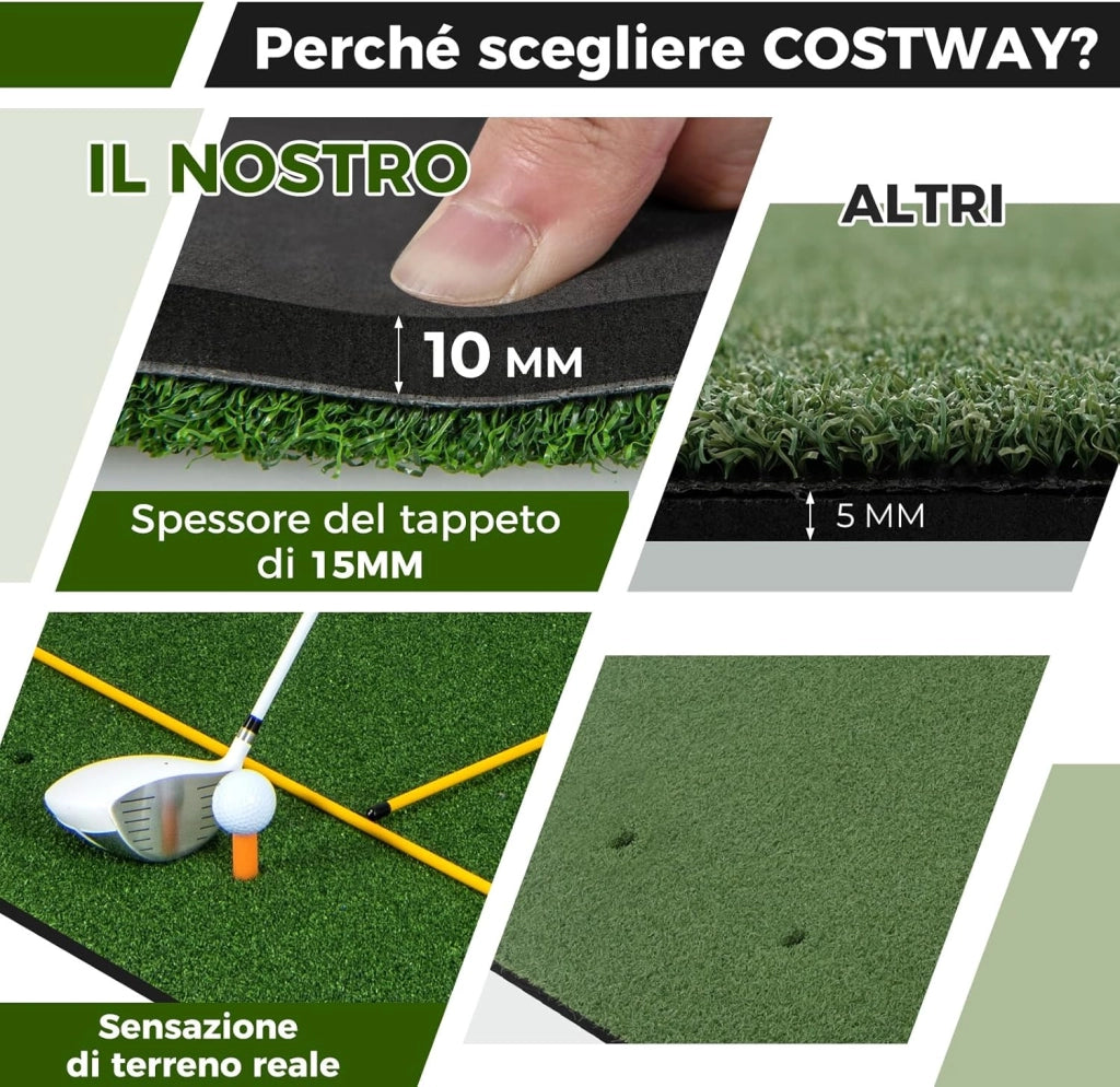 Tappetino da Allenamento Golf, Tappetino da Allenamento 3-in-1 con Erba Sintetica, 2 Punte da Golf, 2 Astine di Allineamento, Fori Preforati per le Punte, per Uomini e Donne