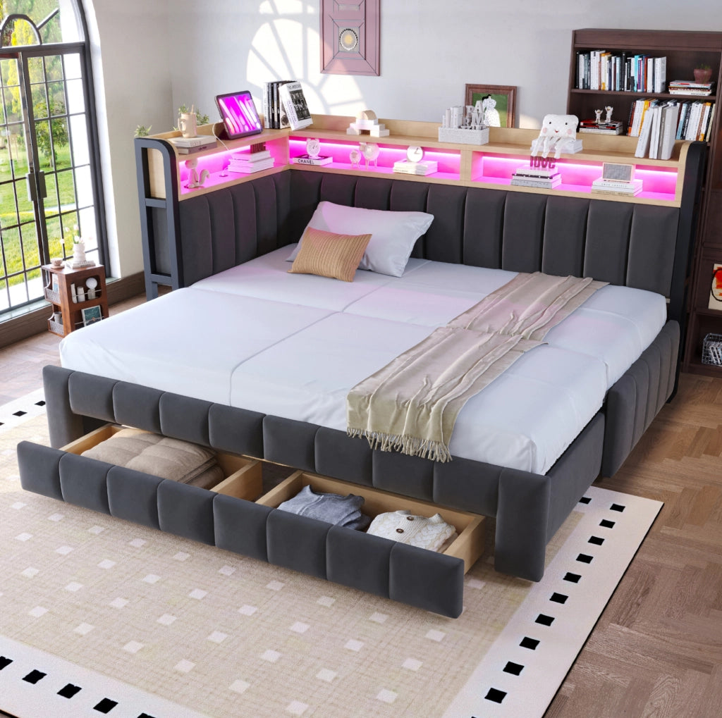 Divano letto 211x105x90 cm trasformabile in letto matrimoniale con cassetti in velluto grigio scuro