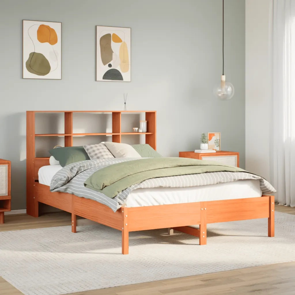 Letto Libreria senza Materasso-Struttura Letto con contenitore Marrone Cera 160x200 cm in Pino 784924
