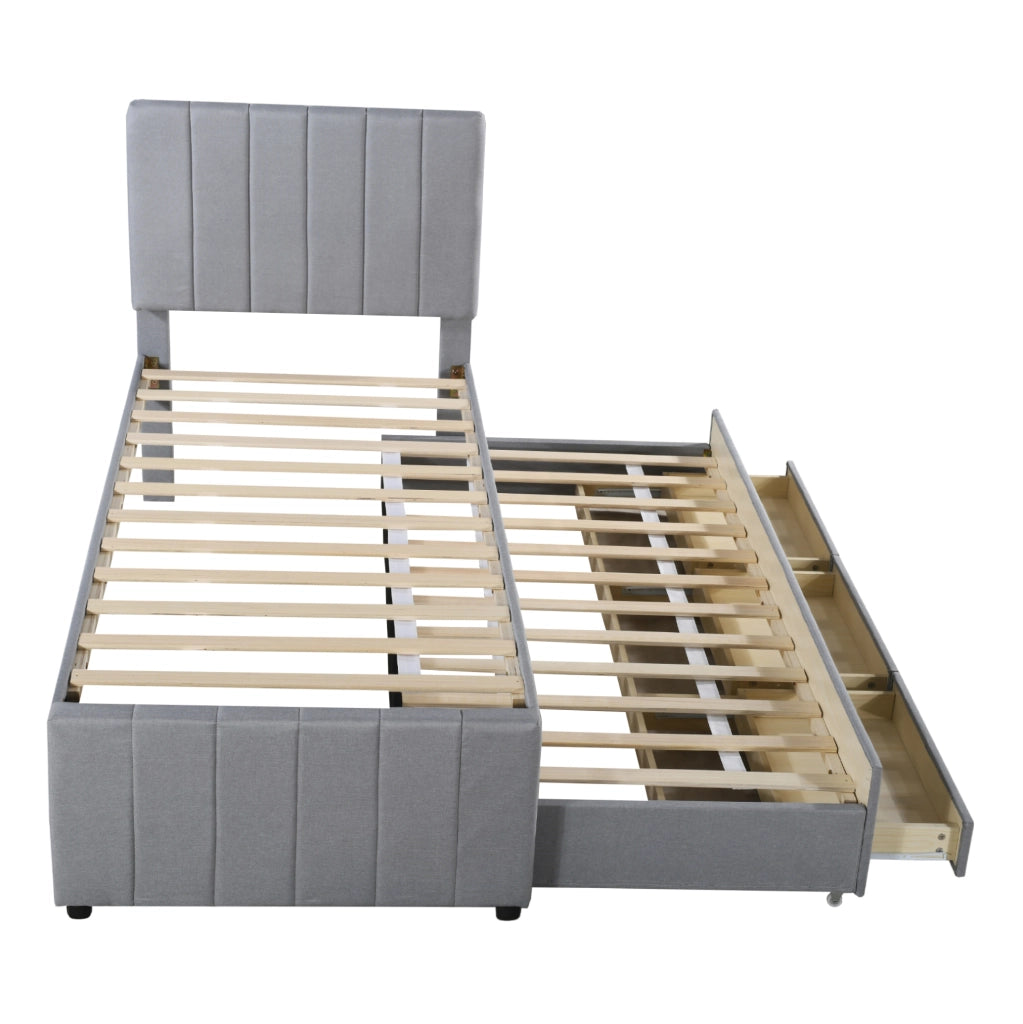 Letto imbottito 90x200 cm con letto estraibile e 3 cassetti in tessuto di cotone e lino grigio