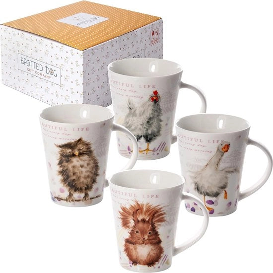 Set di tazze da caffè con motivi animali - Tazze da caffè in ceramica - Motivi Uccello, Scoiattolo, Anatra e Pollo - Regalo per gli amanti degli animali - Set da 4 pezzi