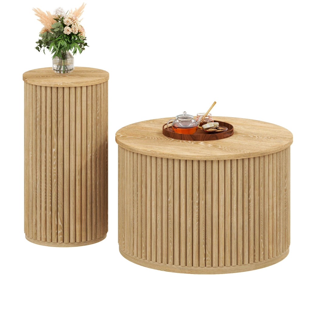 Tavolini da Caffè Rotondi Nidificabili con Motivo a Righe 3D; Stile Moderno; in MDF; Naturale; 60×60×38;5 cm