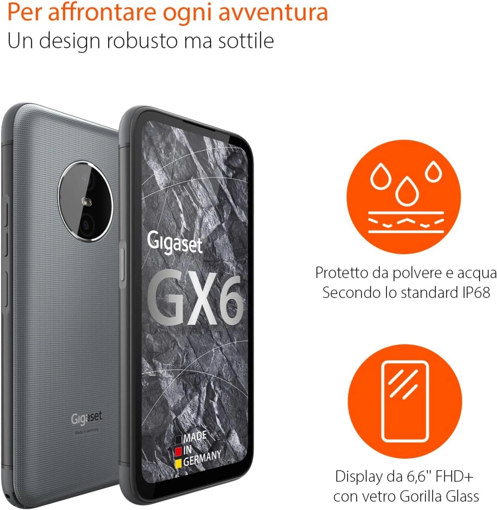 Gigaset GX6 Lo Smartphone Robusto 5G - Standard Militare Polvere e Impermeabilità IP68, Display FHD+ da 6,6", Gorilla Glass, 128GB+6GB RAM - 50MP, Ricarica Rapida, capacità di Android 14, Grigio