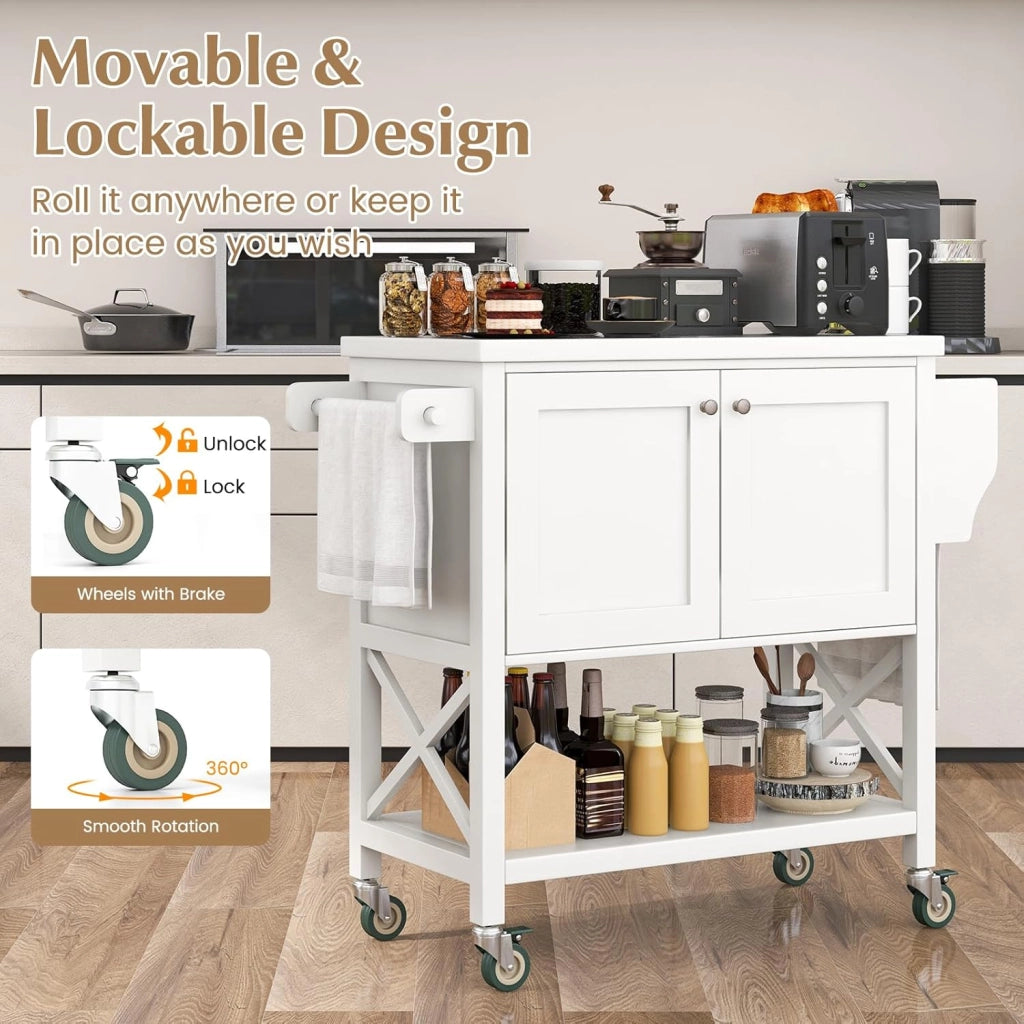 Carrello da Cucina Mobile con Piano di Lavoro, Armadio e Ripiani Aperti, Tavolo da Isola con Ruote Girevoli con Portasciugamani e Portaspezie per Bar, Sala da Pranzo, Bianco，38x100x87cm