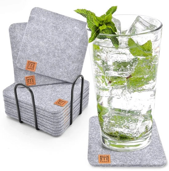 Design Vilt Onderzetters Quadrati, Set da 12 + Supporto | Sostenibili Onderzetters per Calici, Candelabri, Tazze, Bar e Calici | Decorazione da Tavola | Grigio chiaro