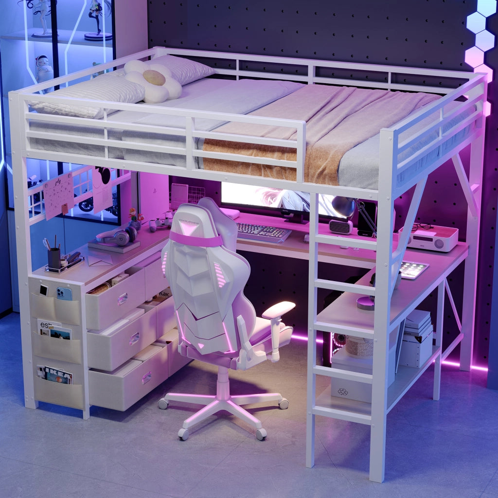 Letto a soppalco gaming 140x200 in metallo bianco con scrivania cassetti e luci LED