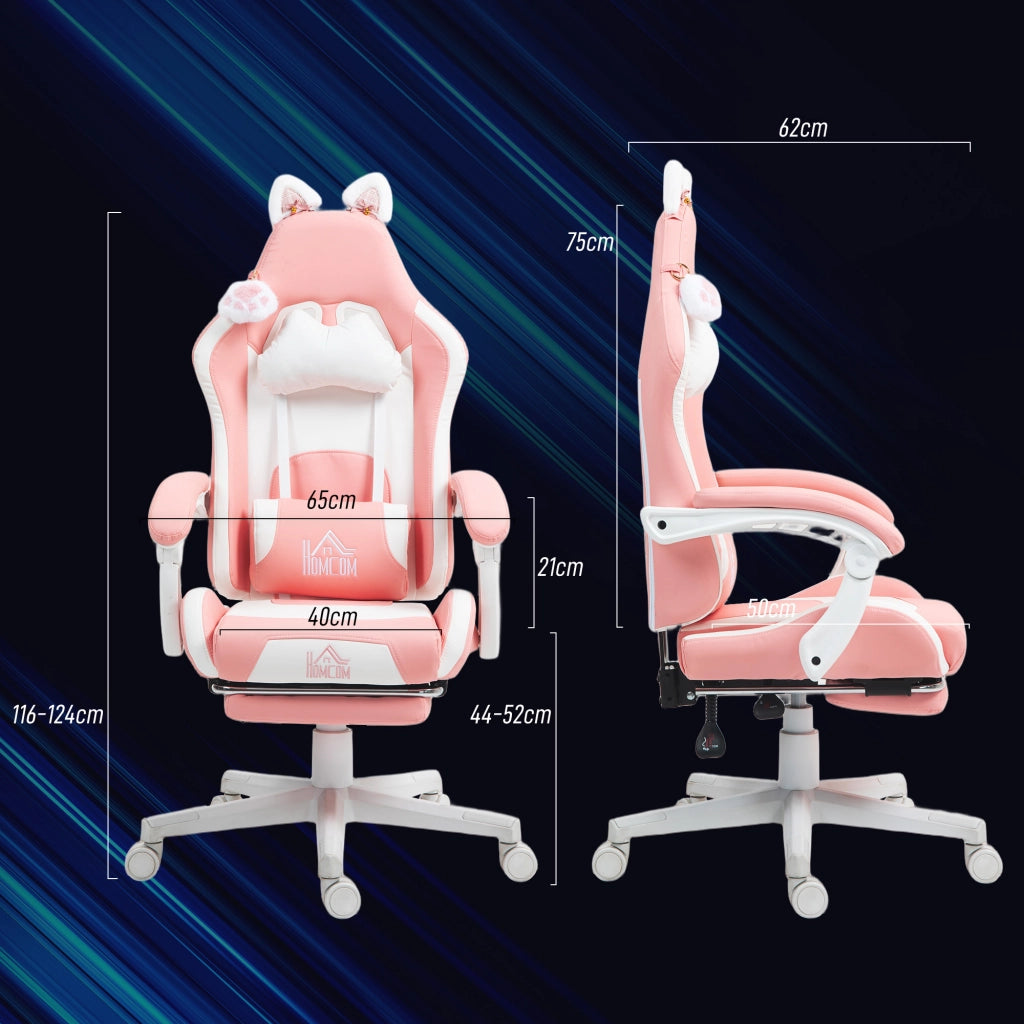 Sedia da ufficio gaming con supporto lombare, poggiapiedi, orecchie e zampe di gatto, in similpelle rosa