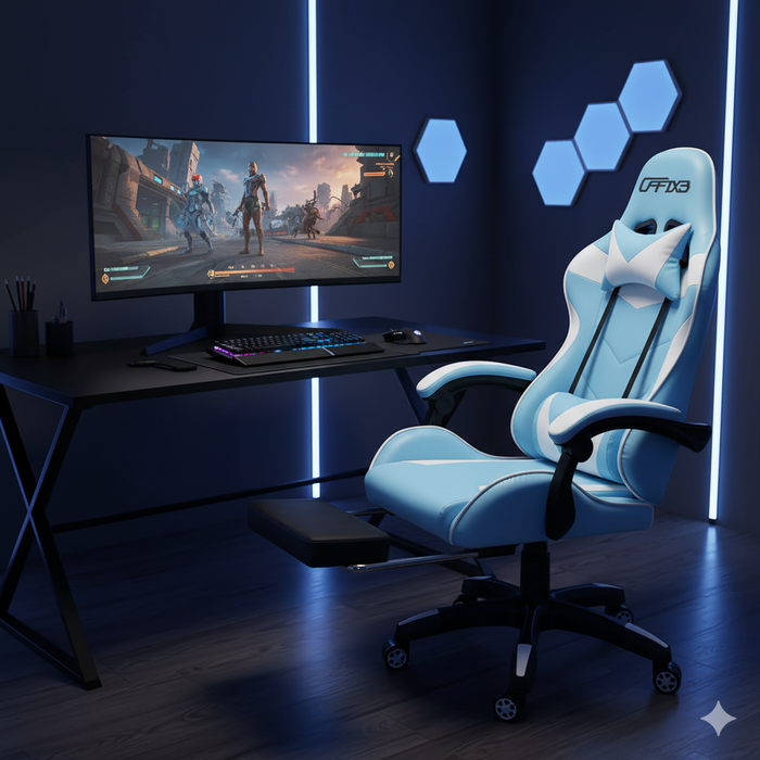 Sedia Gaming con Poggiapiedi in Similpelle Azzurro