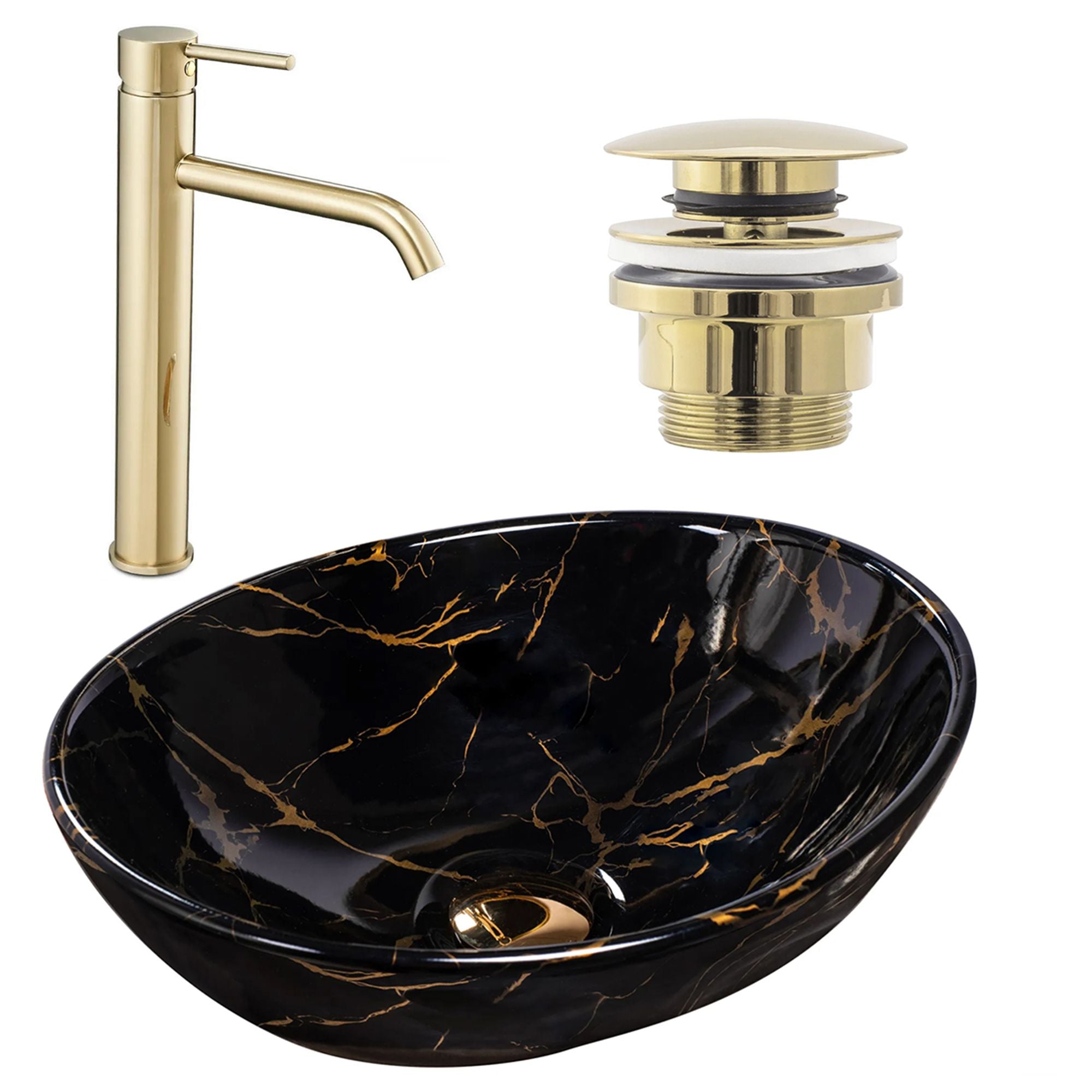 Set Lavabo Da Appoggio Sofia Marble Black + Rubinetto Da Bagno Lungo Gold + Tappo Gold