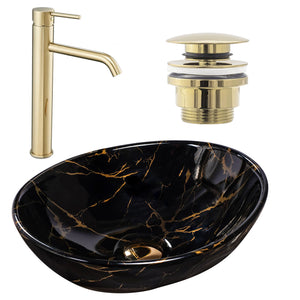 Set Lavabo Da Appoggio Sofia Marble Black + Rubinetto Da Bagno Lungo Gold + Tappo Gold