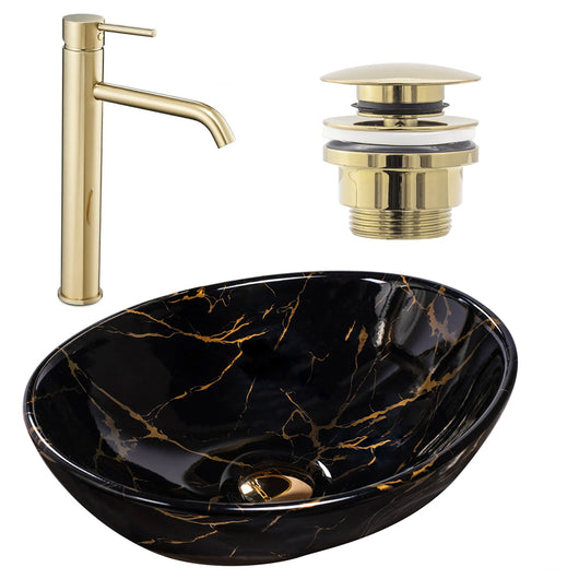 Set Lavabo Da Appoggio Sofia Marble Black + Rubinetto Da Bagno Lungo Gold + Tappo Gold